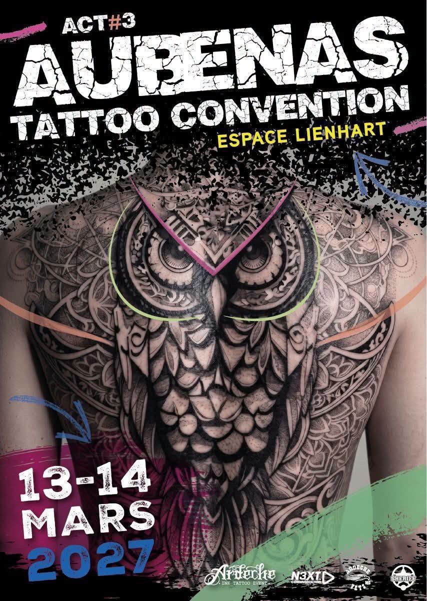 Affiche Aubenas Tattoo Convention ACT#3, 13-14 mars 2027, Espace Lienhart